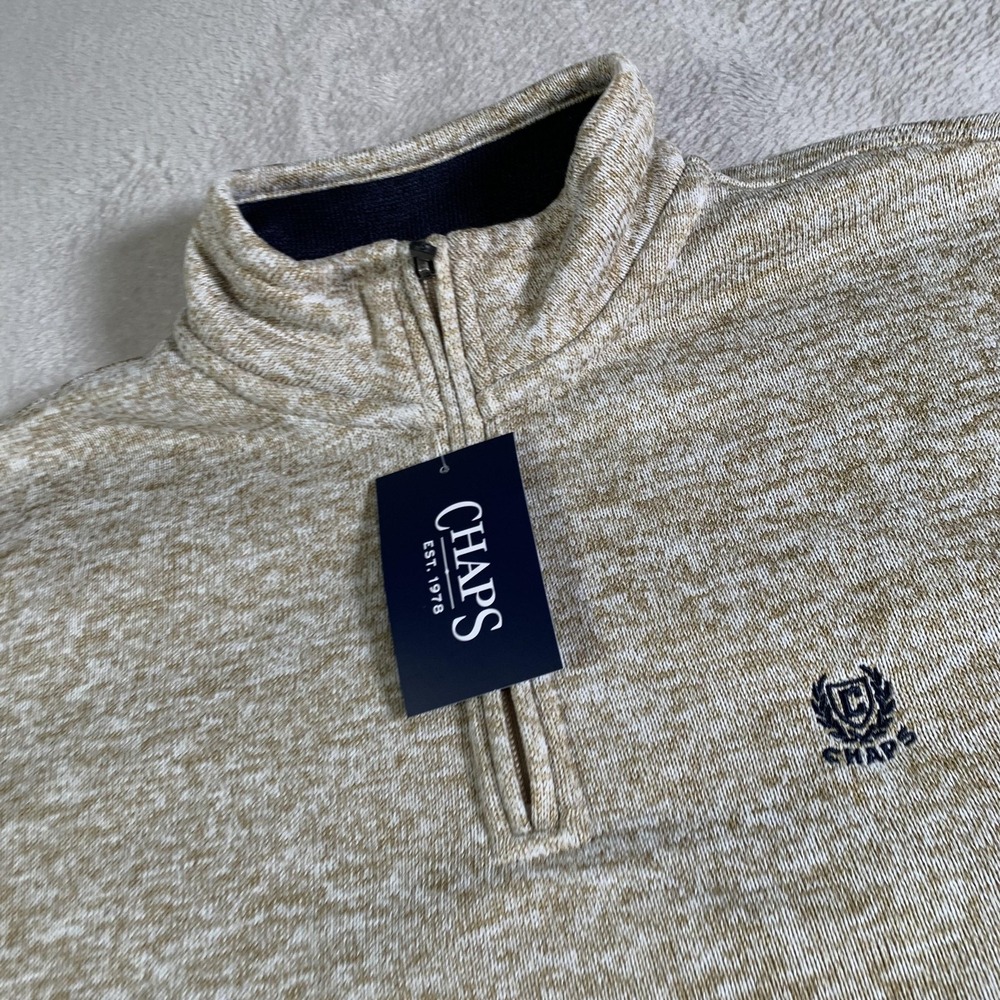 Chaps Sweater Mens Medium Beige Heather Quarter Zip Fleece Pullover Top Knit NEW - Picture 2 of 12